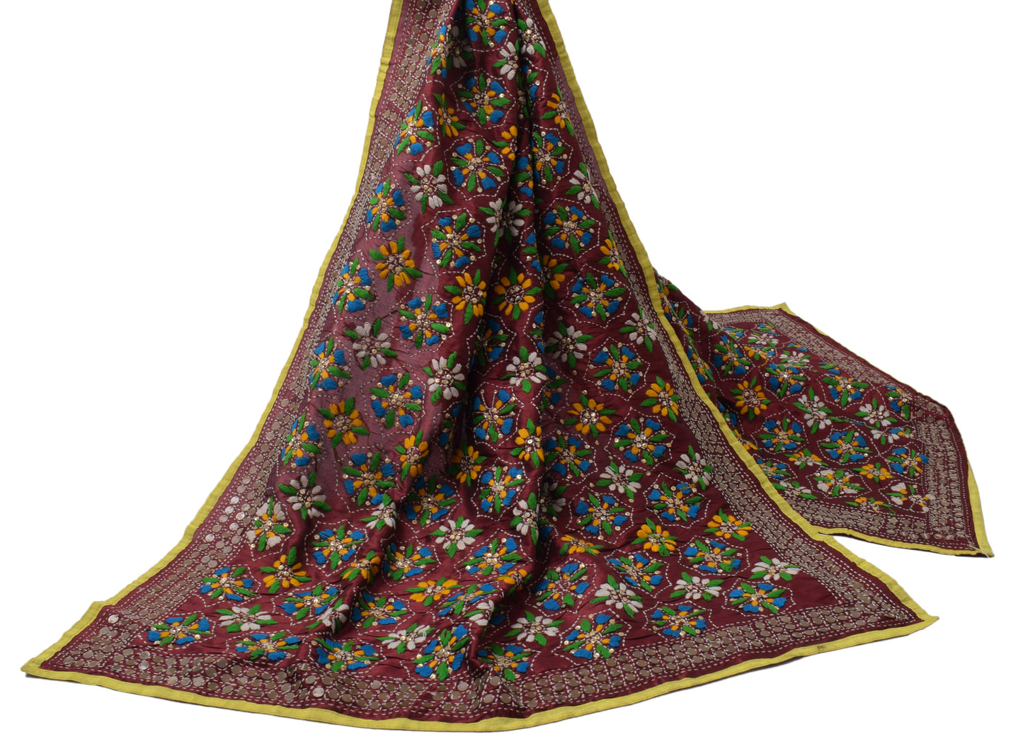 Sushila Vintage Maroon Dupatta Pure Cotton Hand Embroidered Long Stole Scarves