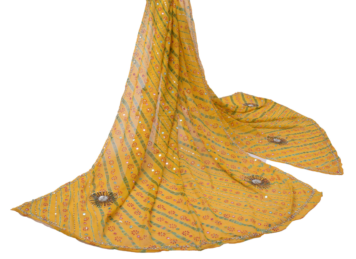 Sushila Vintage Yellow Dupatta Pure Georgette Silk Printed Long Stole Scarves