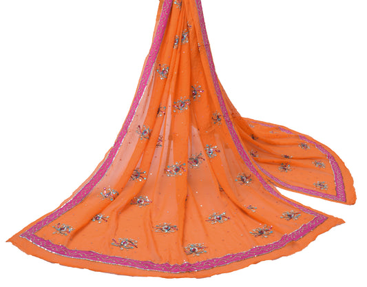 Sushila Vintage Orange Dupatta Pure Georgette Silk Hand Beaded Long Wrap Scarves