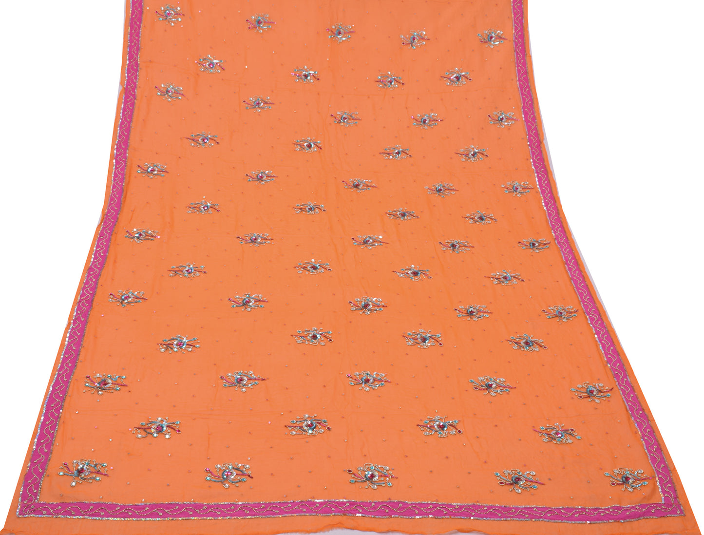 Sushila Vintage Orange Dupatta Pure Georgette Silk Hand Beaded Long Wrap Scarves