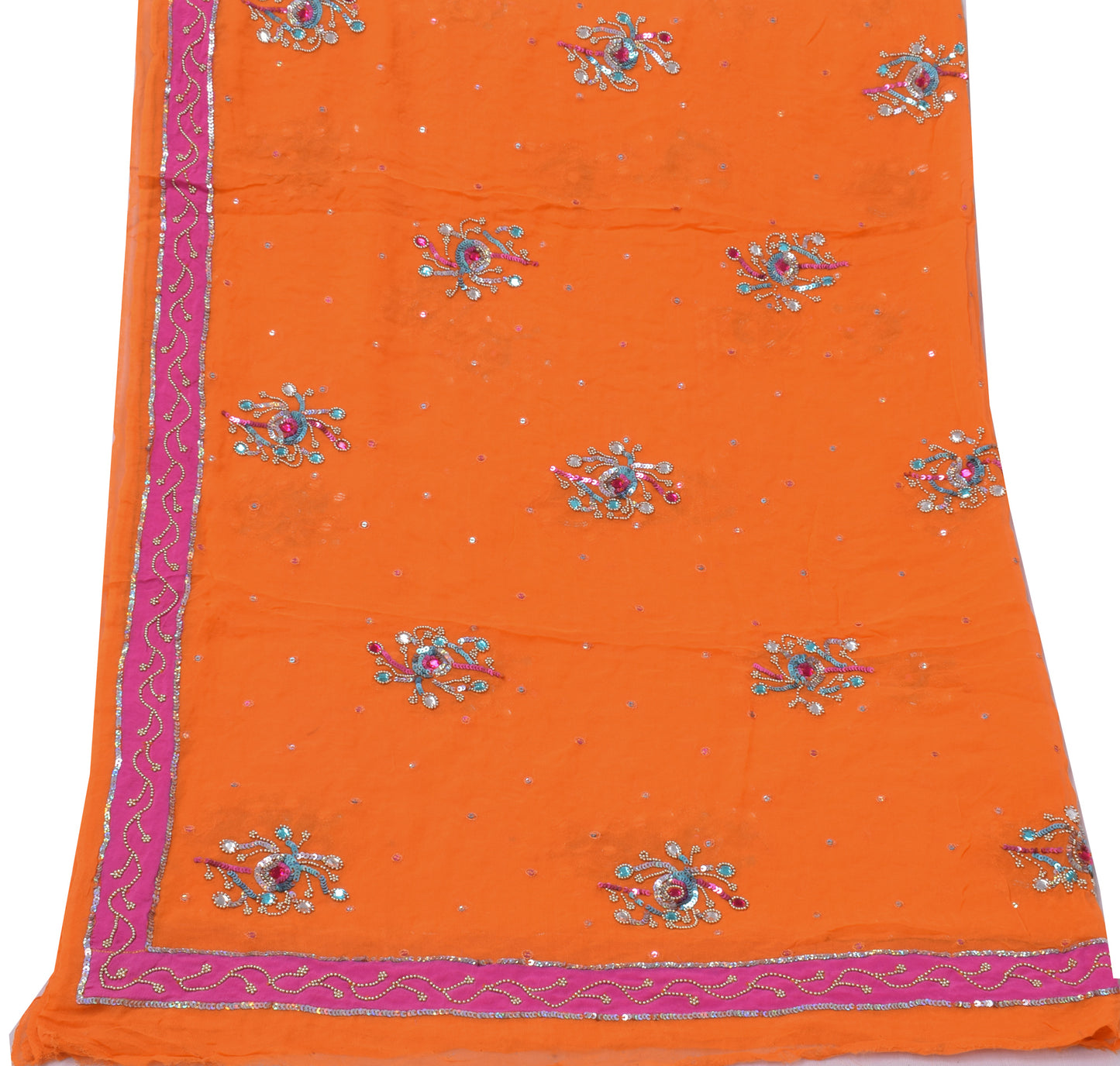 Sushila Vintage Orange Dupatta Pure Georgette Silk Hand Beaded Long Wrap Scarves