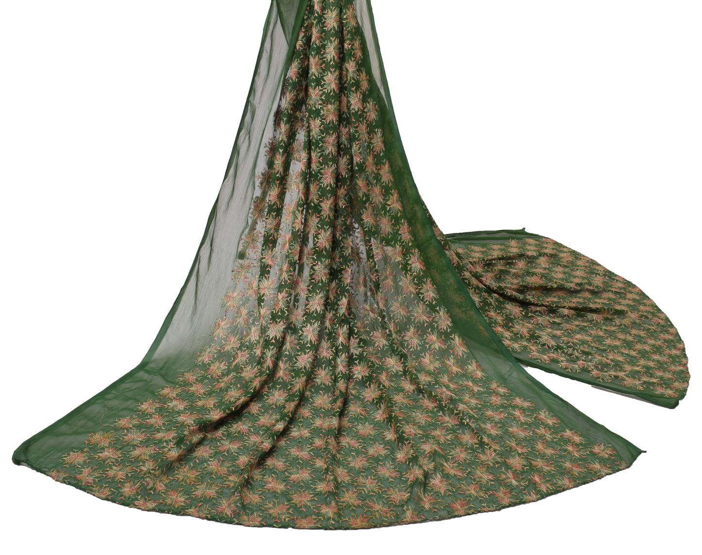 Sushila Vintage Green Dupatta Blend Chiffon Silk Embroidered Phulkari Long Stole