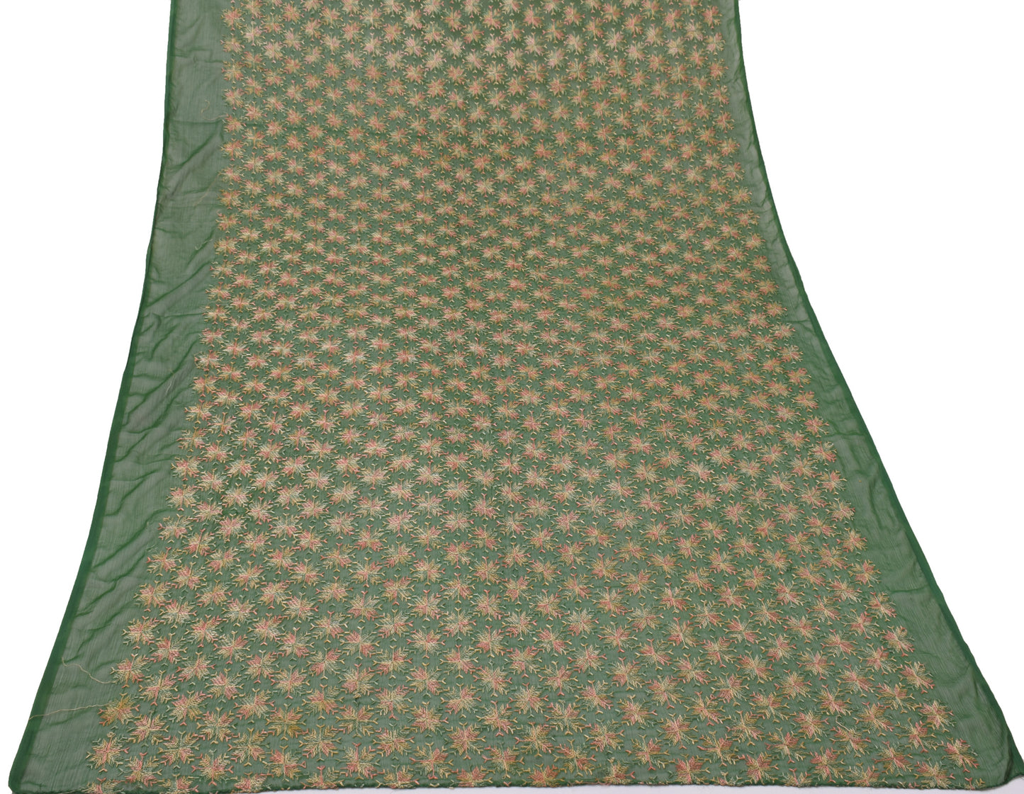 Sushila Vintage Green Dupatta Blend Chiffon Silk Embroidered Phulkari Long Stole