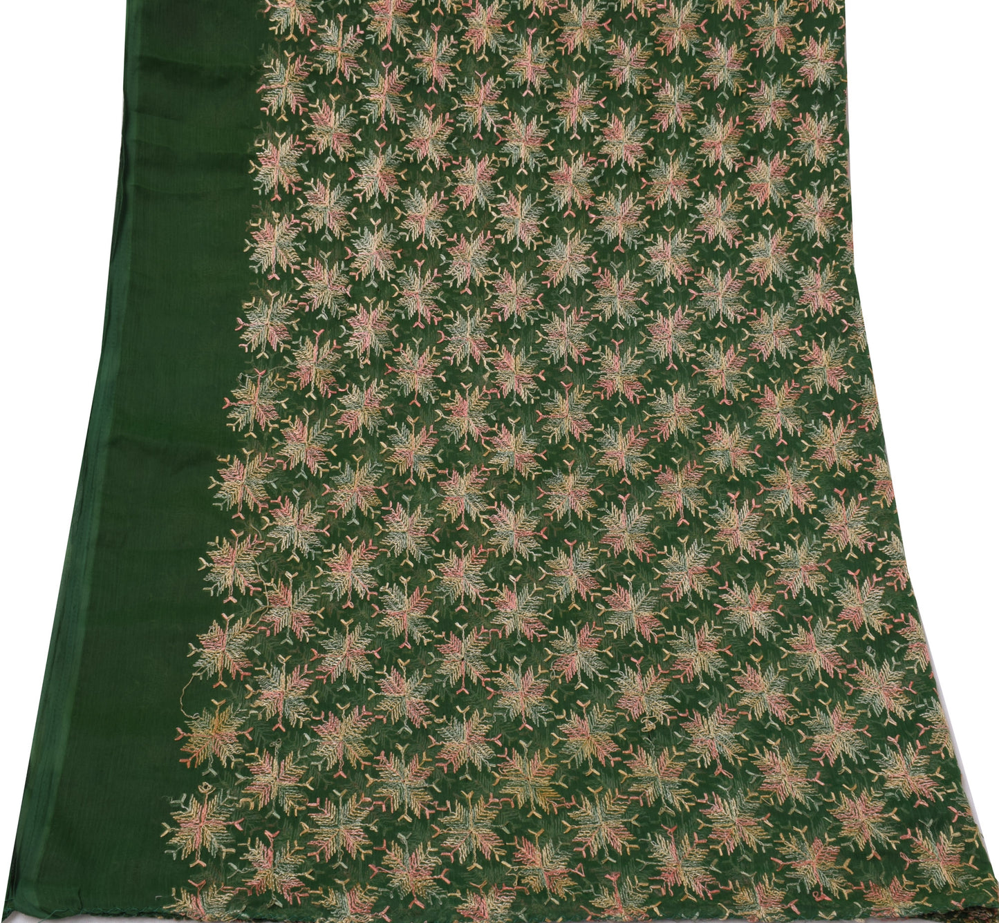 Sushila Vintage Green Dupatta Blend Chiffon Silk Embroidered Phulkari Long Stole