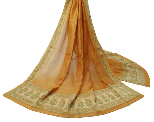 Sushila Vintage Mustard Dupatta 100% Pure Silk Woven Border Long Stole Wrap