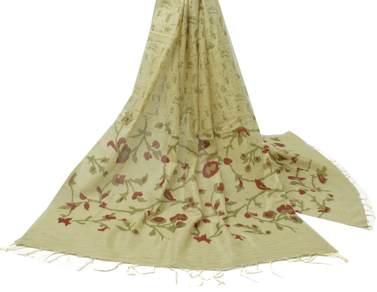 Sushila Vintage Cream Dupatta Pure Cotton Printed Elephant Long Stole Wrap Veil