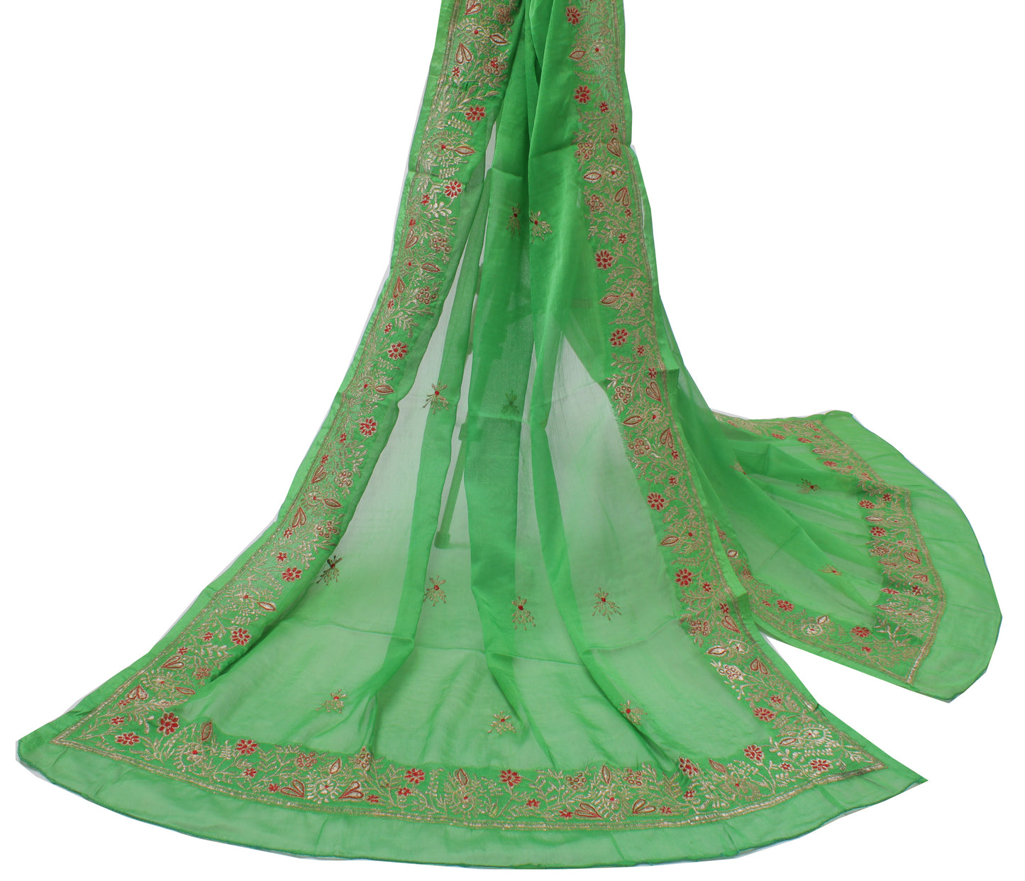 Sushila Vintage Green Indian Dupatta Blend Silk Zari Embroidered Long Stole Veil