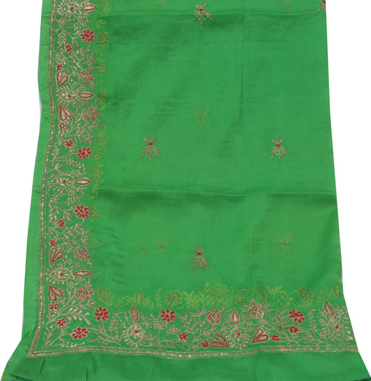 Sushila Vintage Green Indian Dupatta Blend Silk Zari Embroidered Long Stole Veil