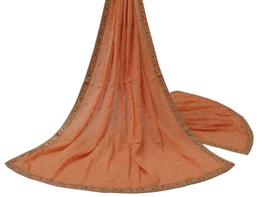 Sushila Vintage Peach Dupatta 100% Pure Silk Zari Embroidered Long Stole Scarves