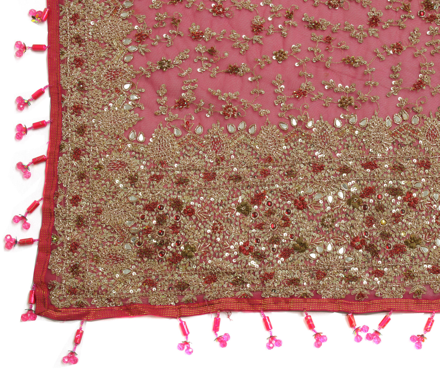 Sushila Vintage Magenta Heavy Dupatta Net Mesh Hand Beaded Long Wrap Scarves