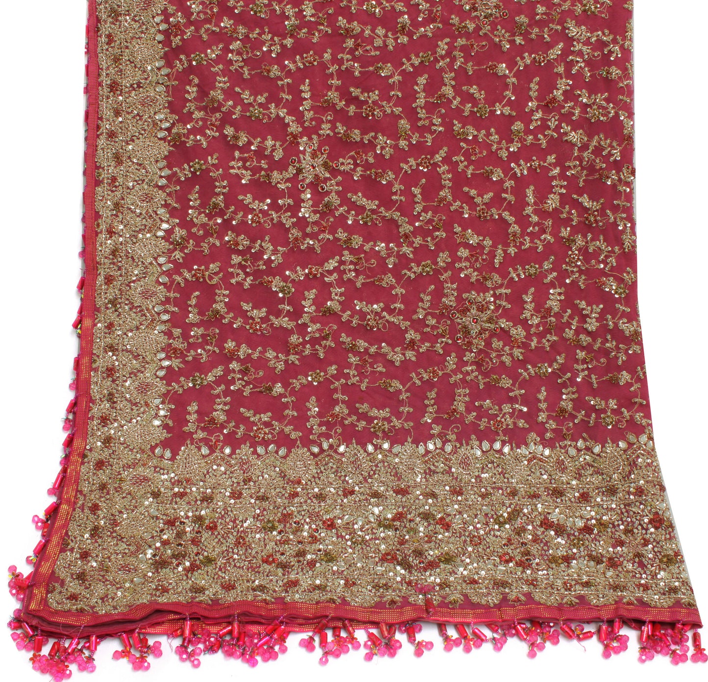 Sushila Vintage Magenta Heavy Dupatta Net Mesh Hand Beaded Long Wrap Scarves