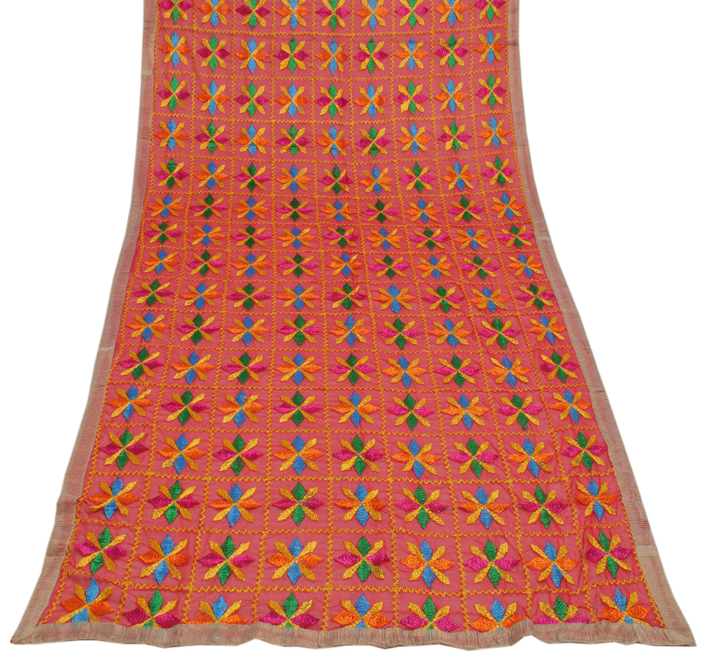 Sushila Vintage Red Dupatta Blend Chiffon Silk Phulkari Embroidered Long Stole