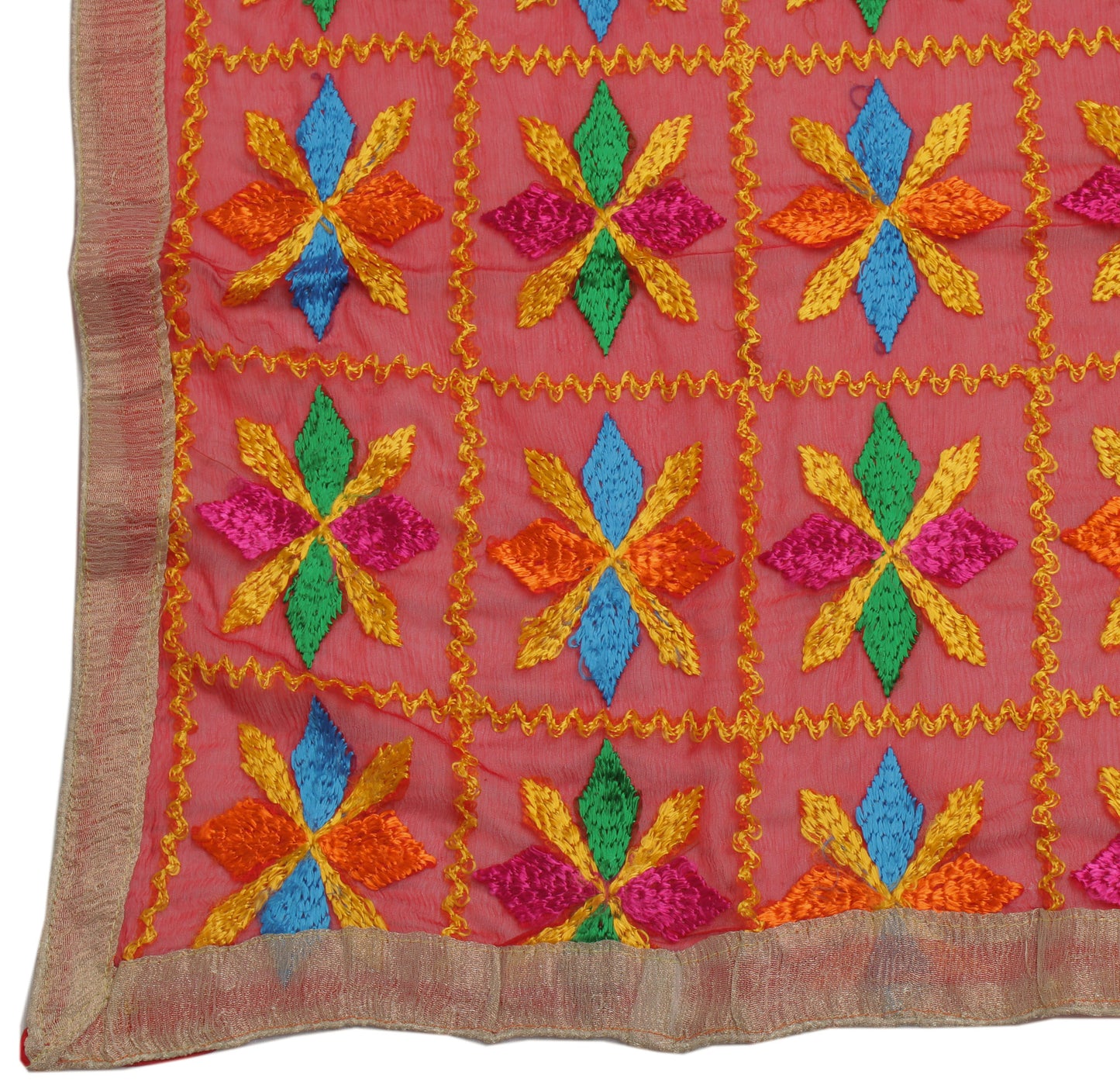 Sushila Vintage Red Dupatta Blend Chiffon Silk Phulkari Embroidered Long Stole