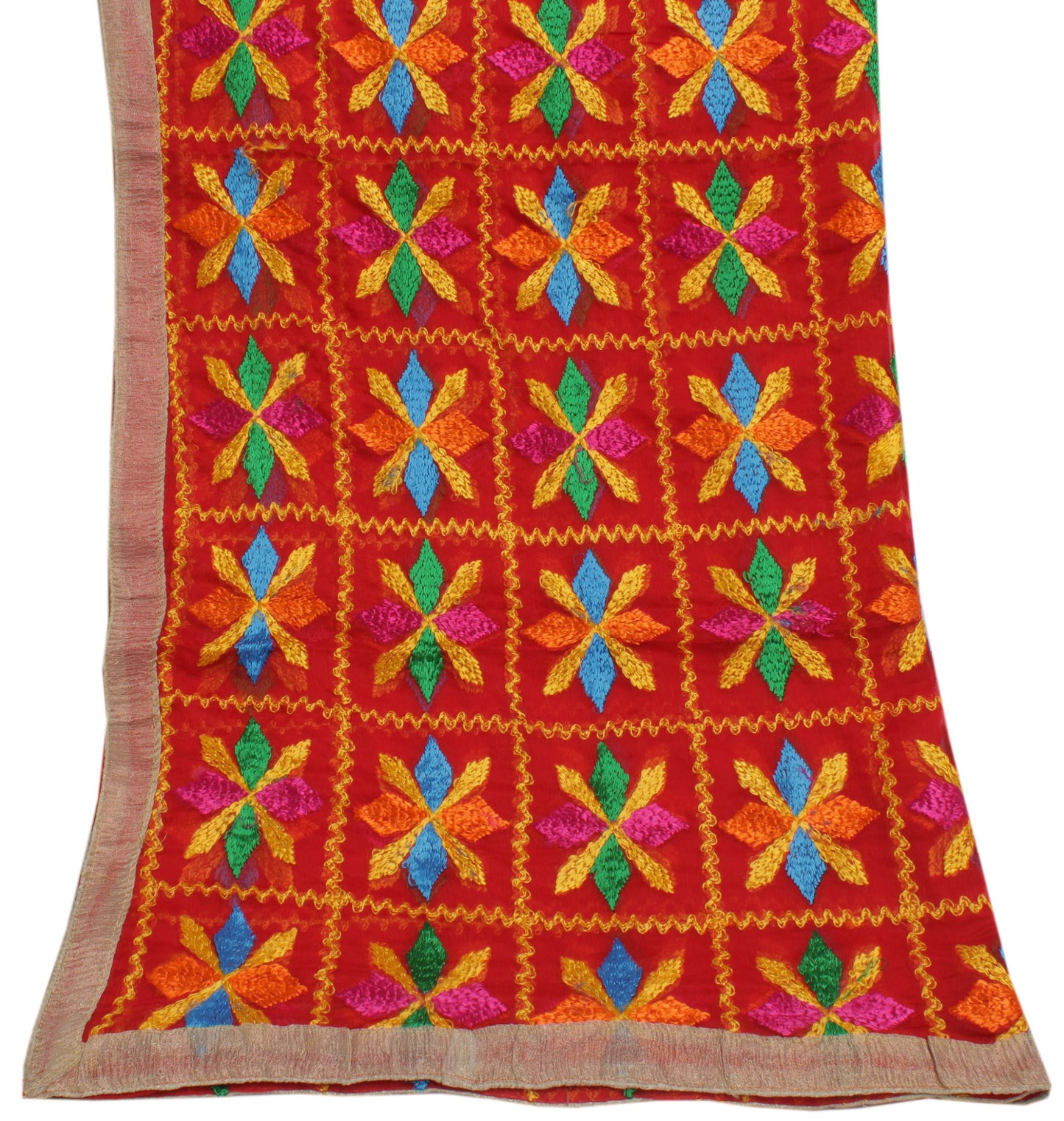 Sushila Vintage Red Dupatta Blend Chiffon Silk Phulkari Embroidered Long Stole