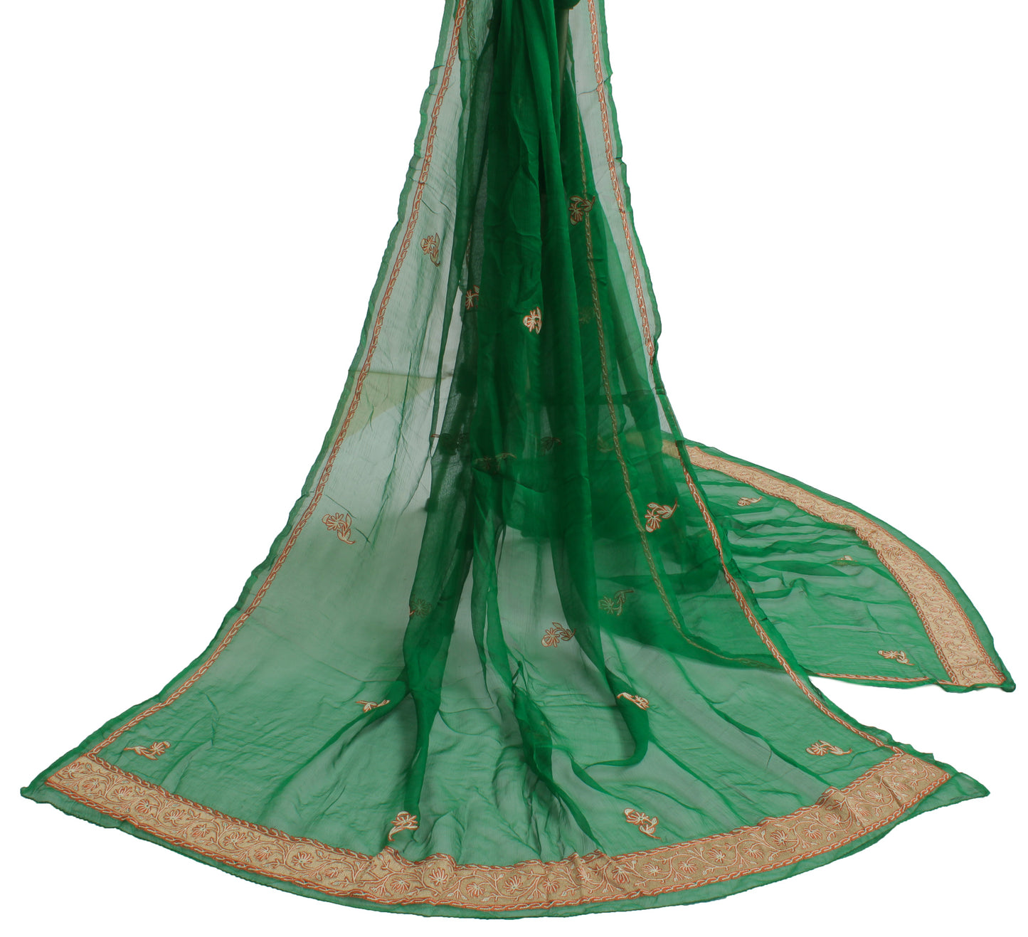 Sushila Vintage Green Indian Dupatta Pure Chiffon Silk Embroidered Long Stole