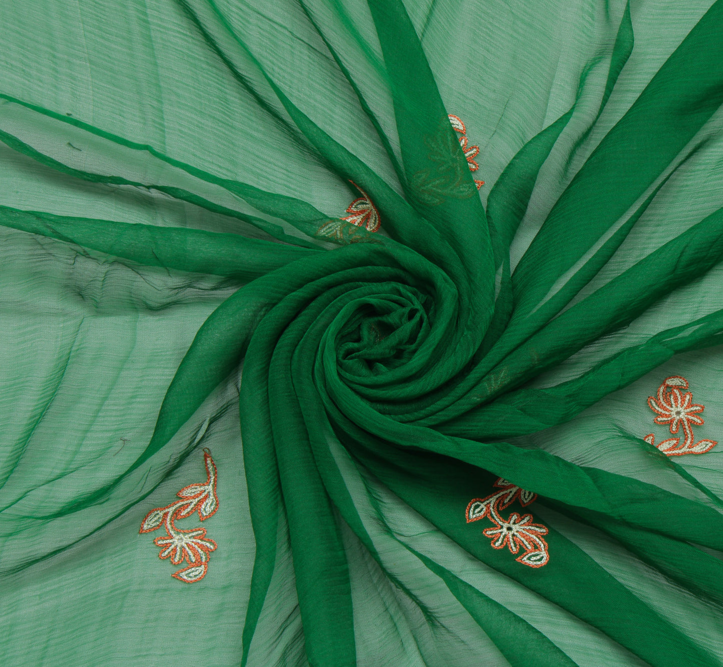 Sushila Vintage Green Indian Dupatta Pure Chiffon Silk Embroidered Long Stole