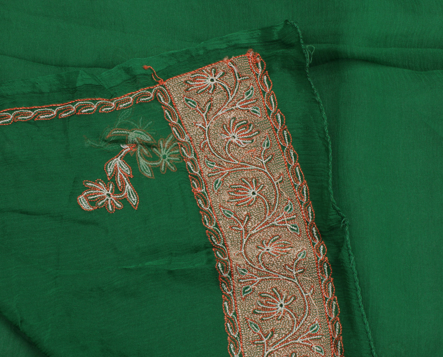 Sushila Vintage Green Indian Dupatta Pure Chiffon Silk Embroidered Long Stole