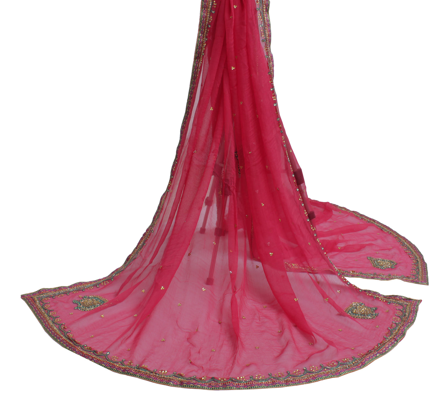 Sushila Vintage Pink Indian Dupatta Pure Chiffon Silk Embroidered Long Stole