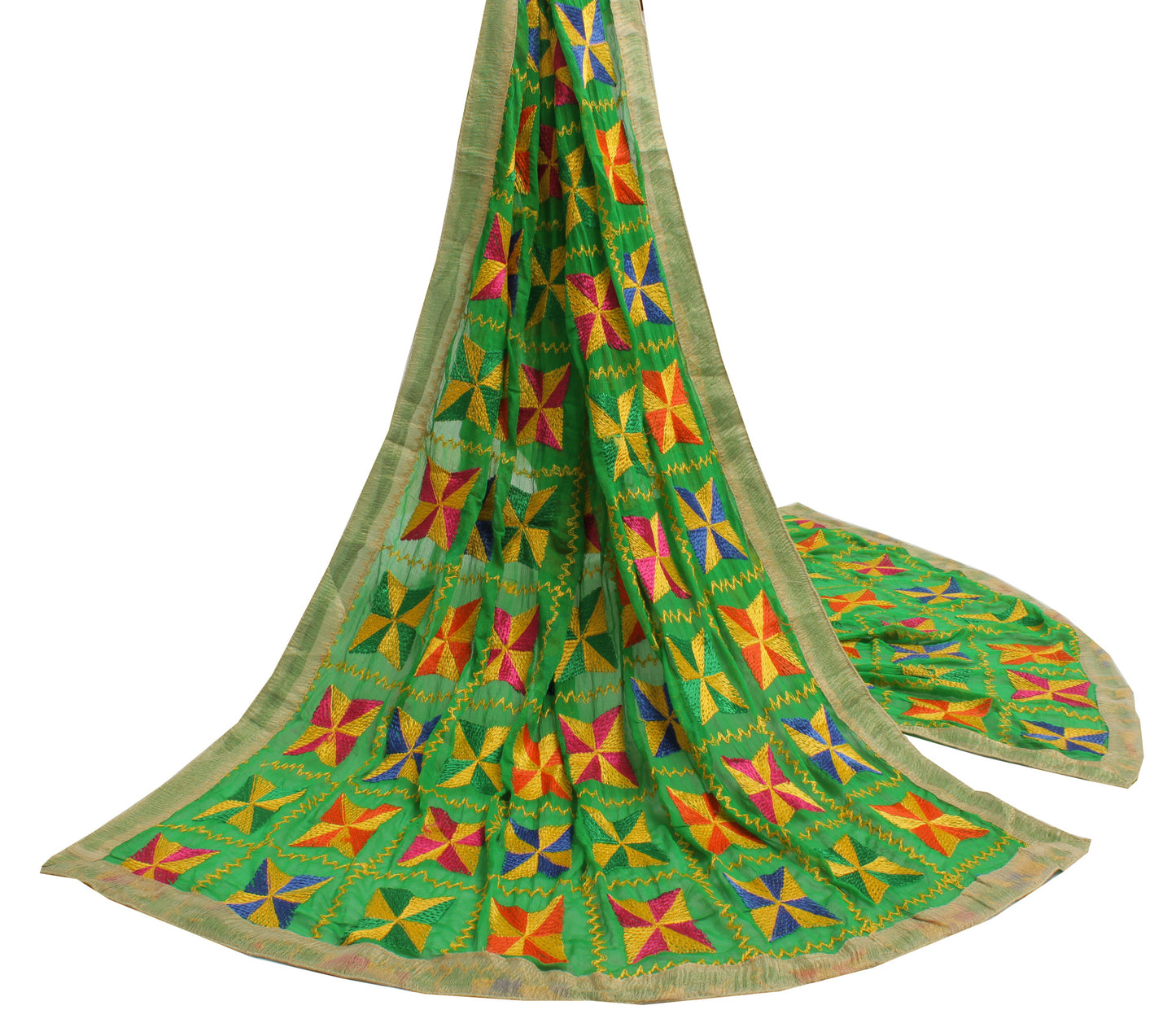 Sushila Vintage Green Dupatta Blend Chiffon Silk Phulkari Embroidered Long Stole