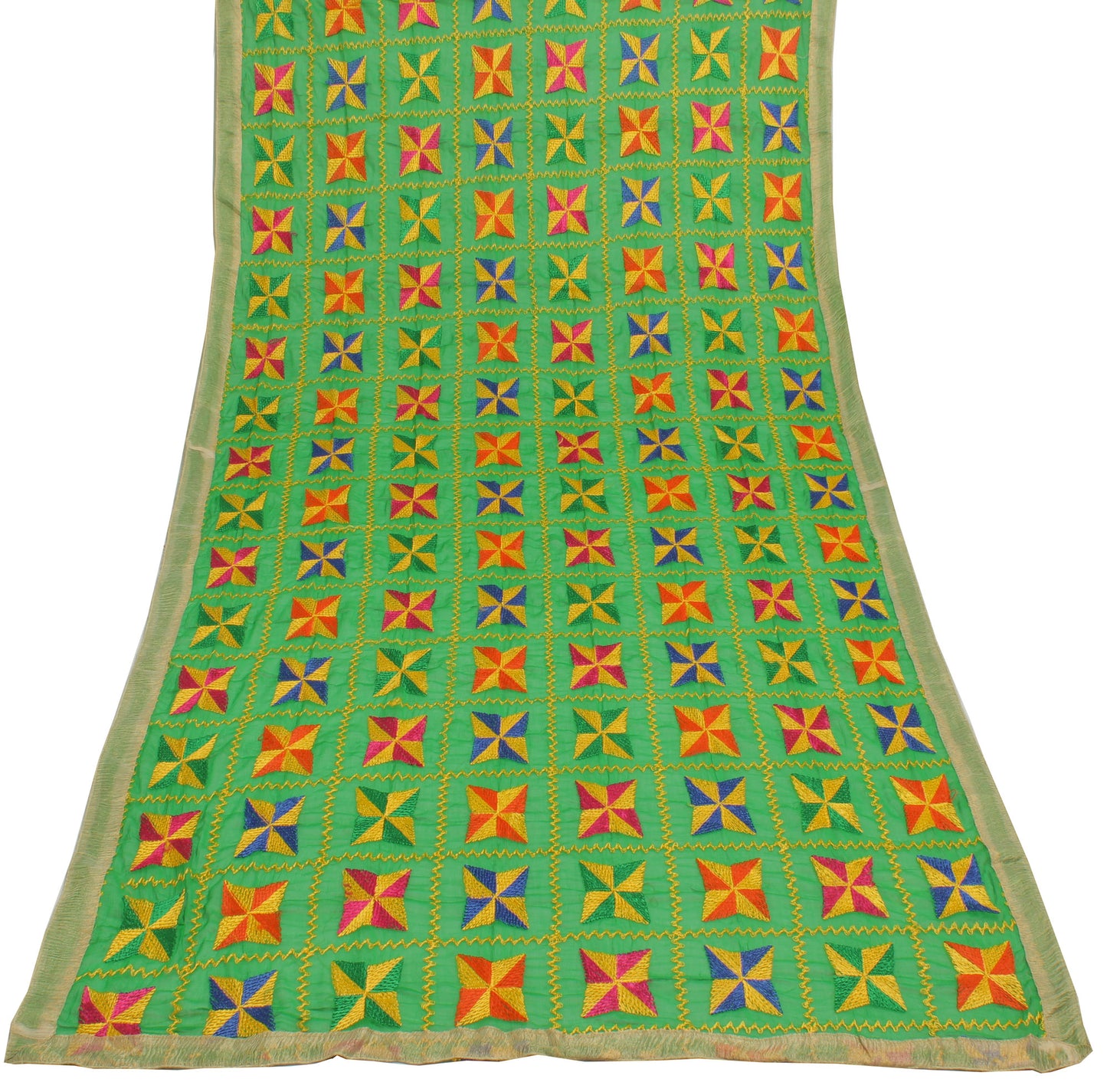 Sushila Vintage Green Dupatta Blend Chiffon Silk Phulkari Embroidered Long Stole