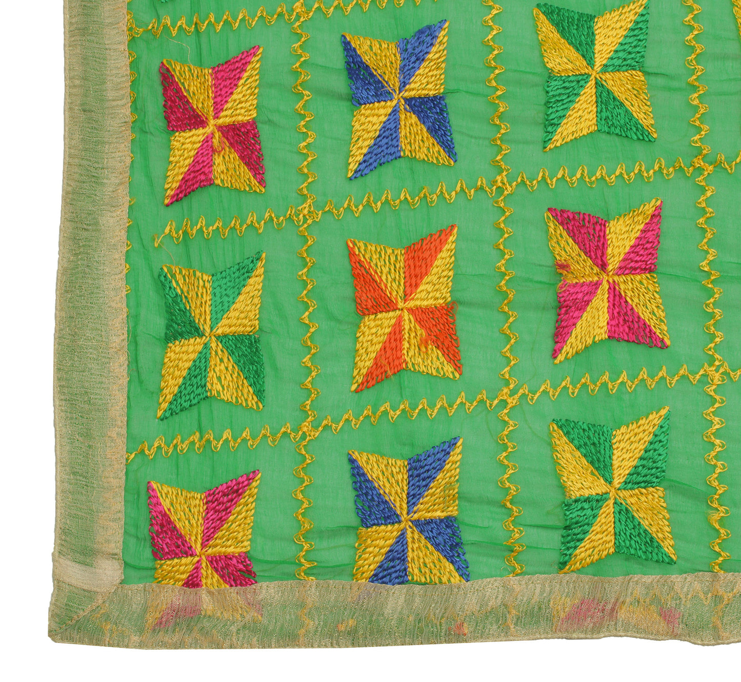 Sushila Vintage Green Dupatta Blend Chiffon Silk Phulkari Embroidered Long Stole