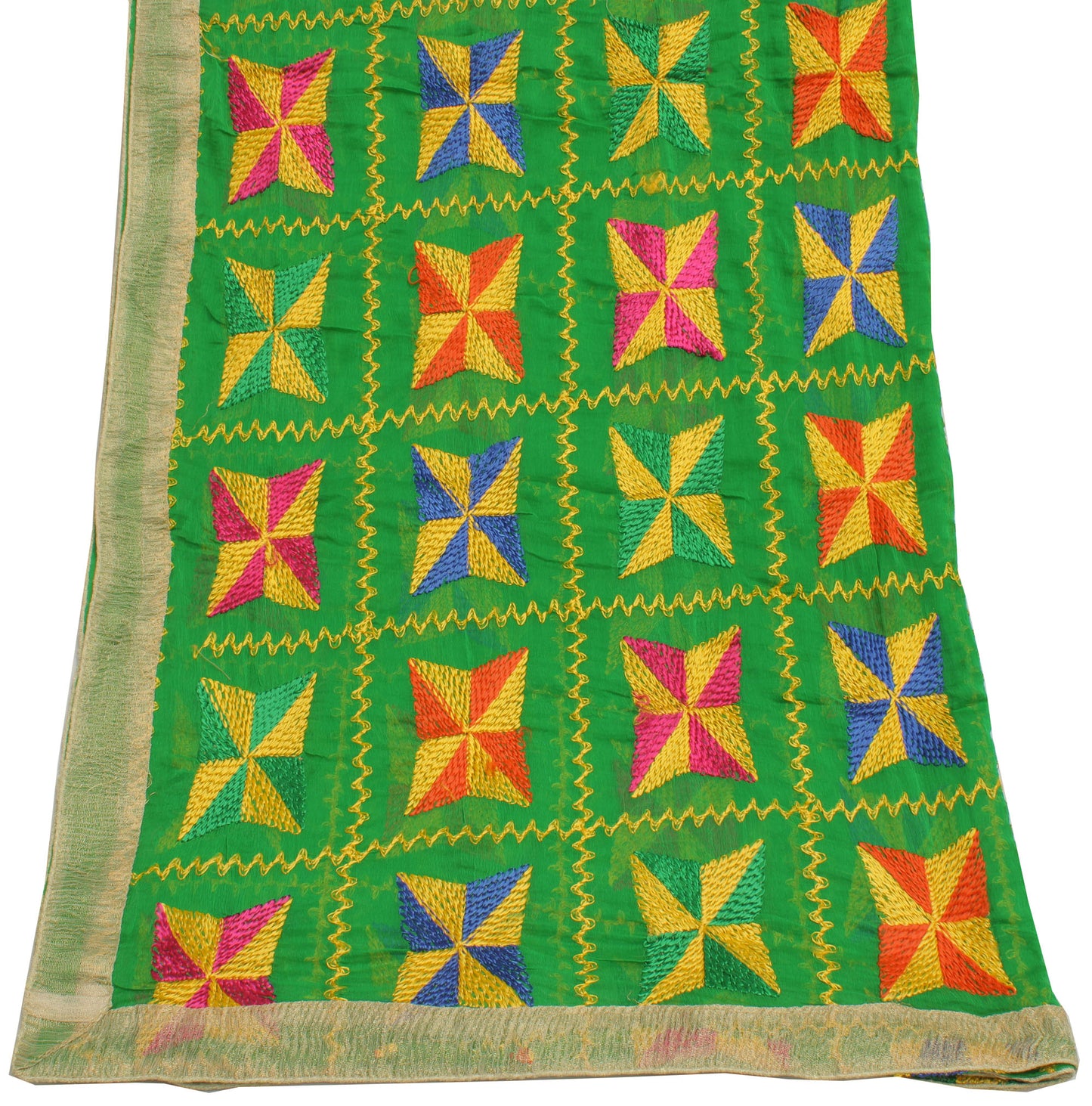 Sushila Vintage Green Dupatta Blend Chiffon Silk Phulkari Embroidered Long Stole