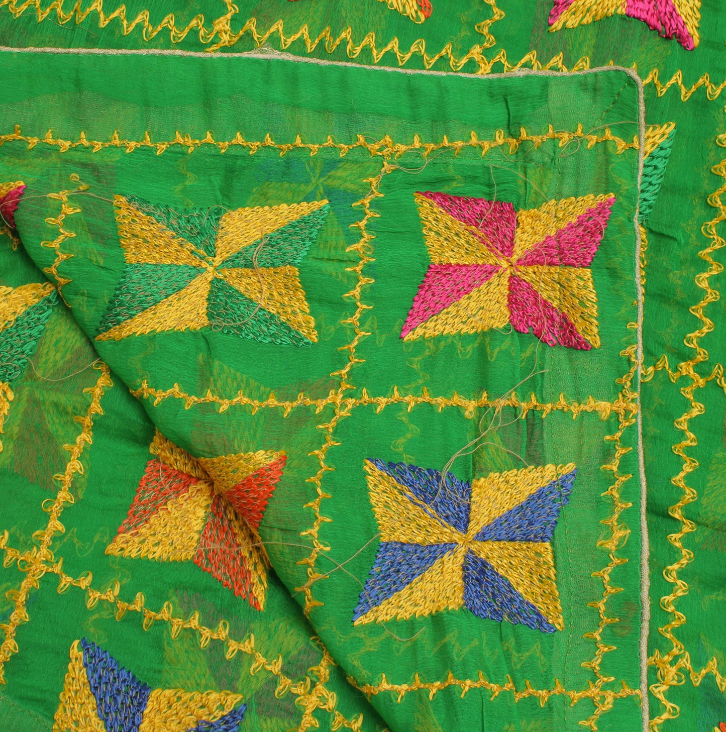 Sushila Vintage Green Dupatta Blend Chiffon Silk Phulkari Embroidered Long Stole