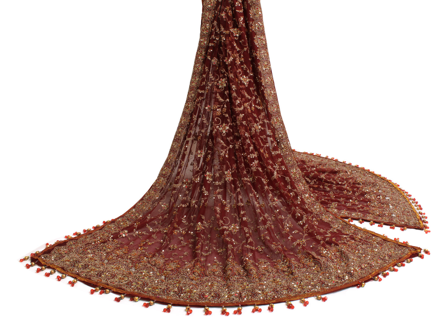 Sushila Vintage Maroon Heavy Dupatta Net Mesh Hand Beaded Zardozi Long Stole