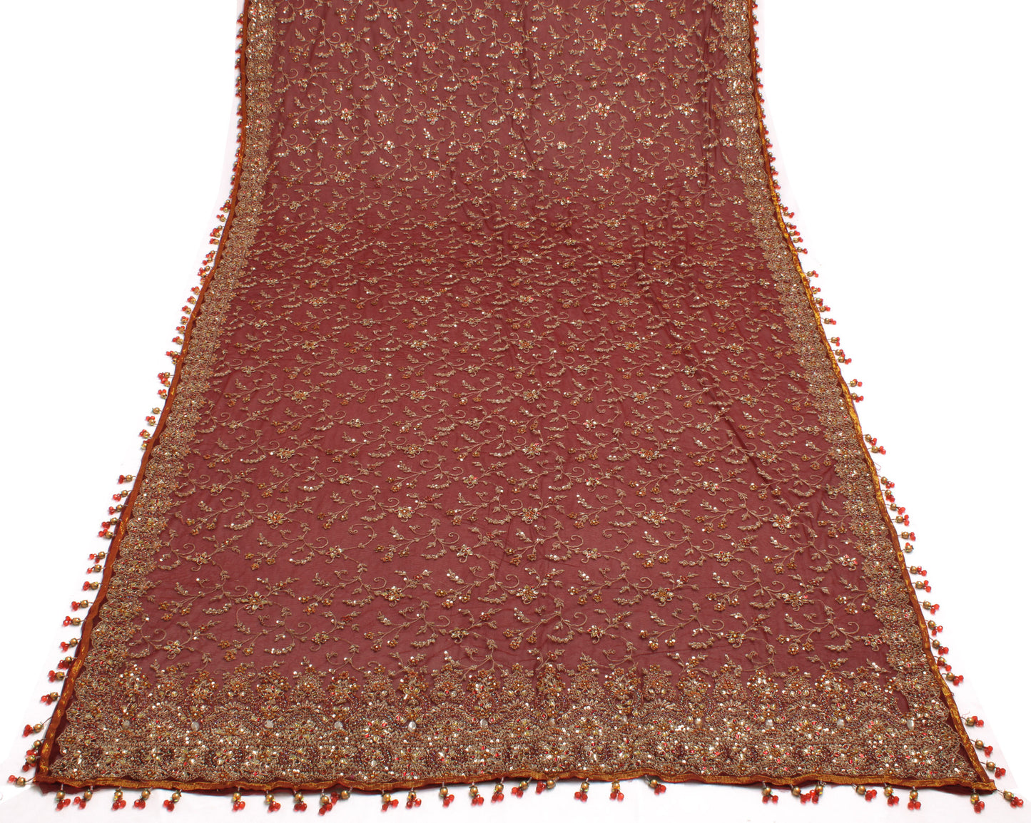 Sushila Vintage Maroon Heavy Dupatta Net Mesh Hand Beaded Zardozi Long Stole