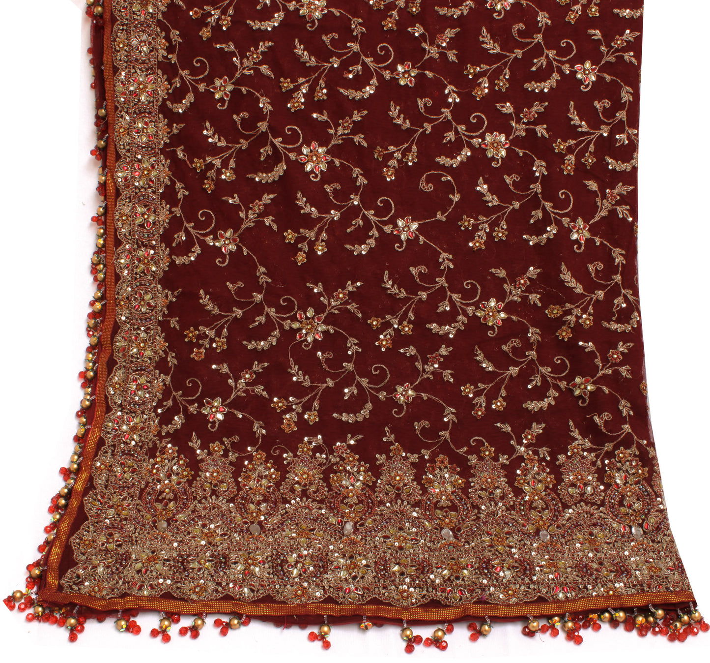 Sushila Vintage Maroon Heavy Dupatta Net Mesh Hand Beaded Zardozi Long Stole