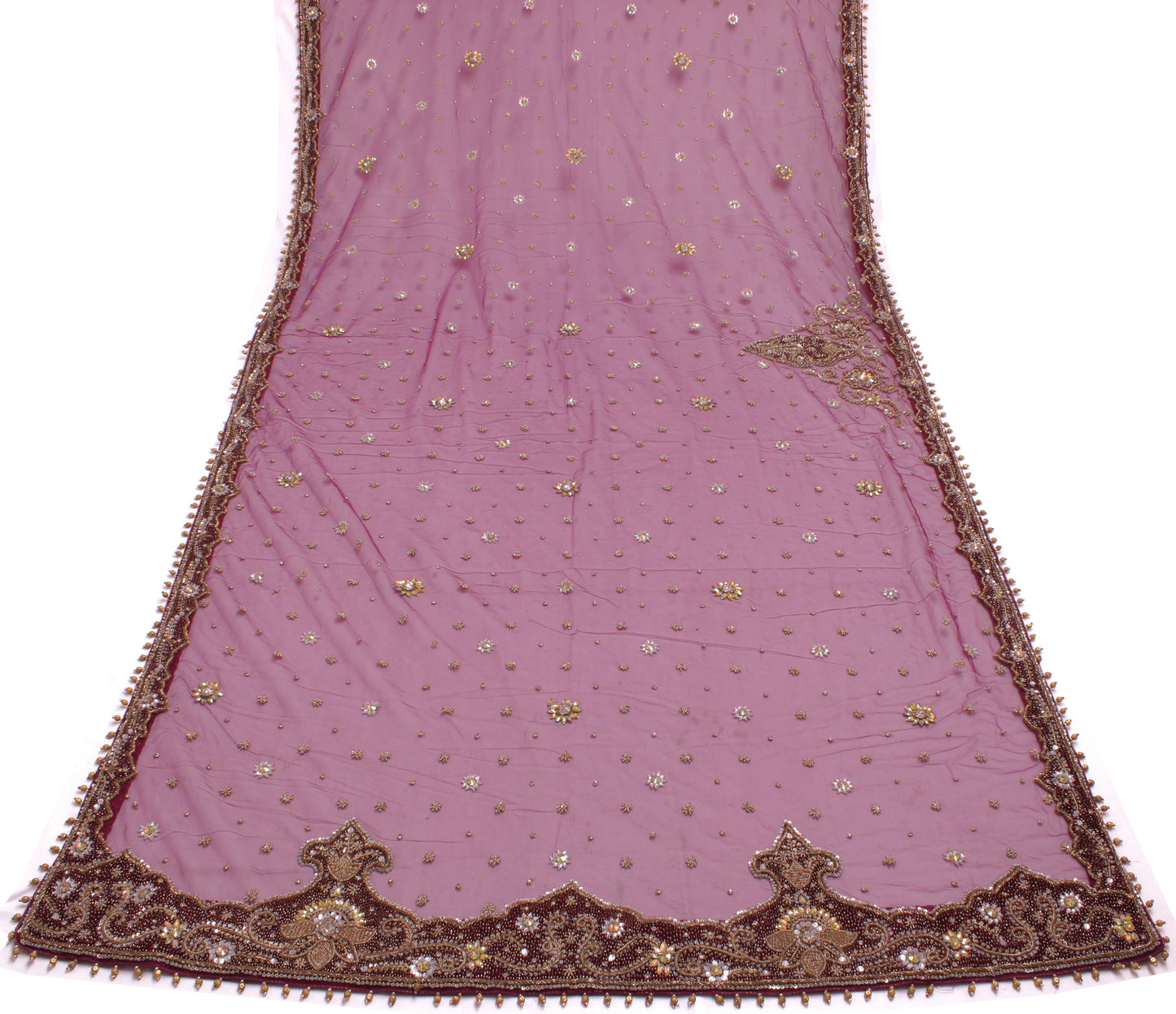 Sushila Vintage Purple Heavy Dupatta Net Mesh Hand Beaded Zardozi Long Stole