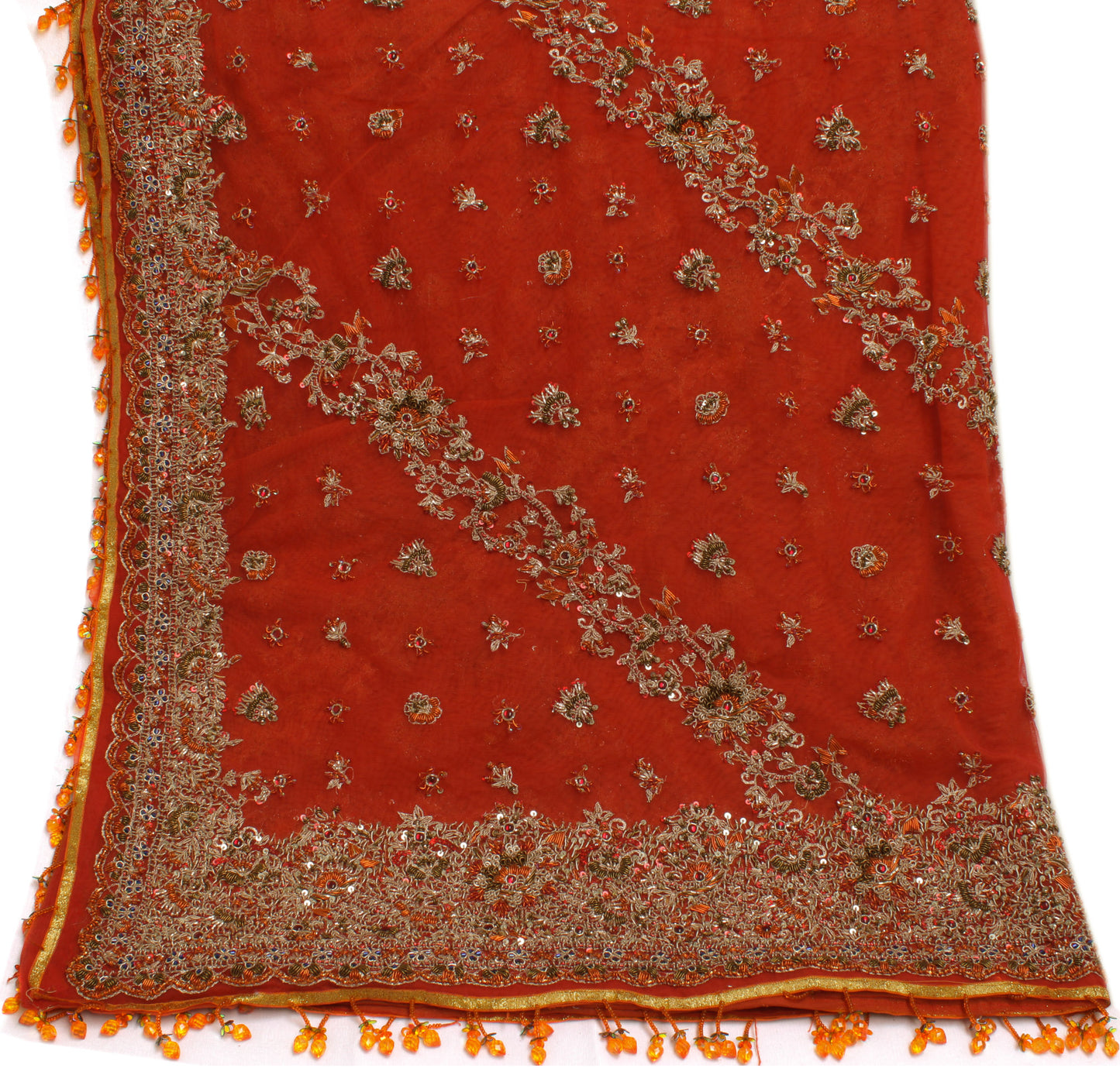 Sushila Vintage Orange Heavy Dupatta Net Mesh Hand Beaded Zardozi Long Stole