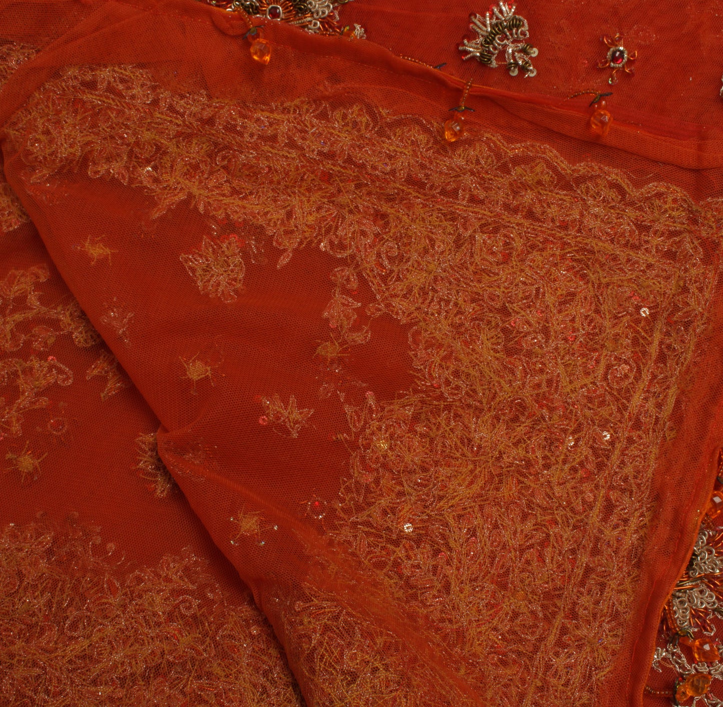 Sushila Vintage Orange Heavy Dupatta Net Mesh Hand Beaded Zardozi Long Stole