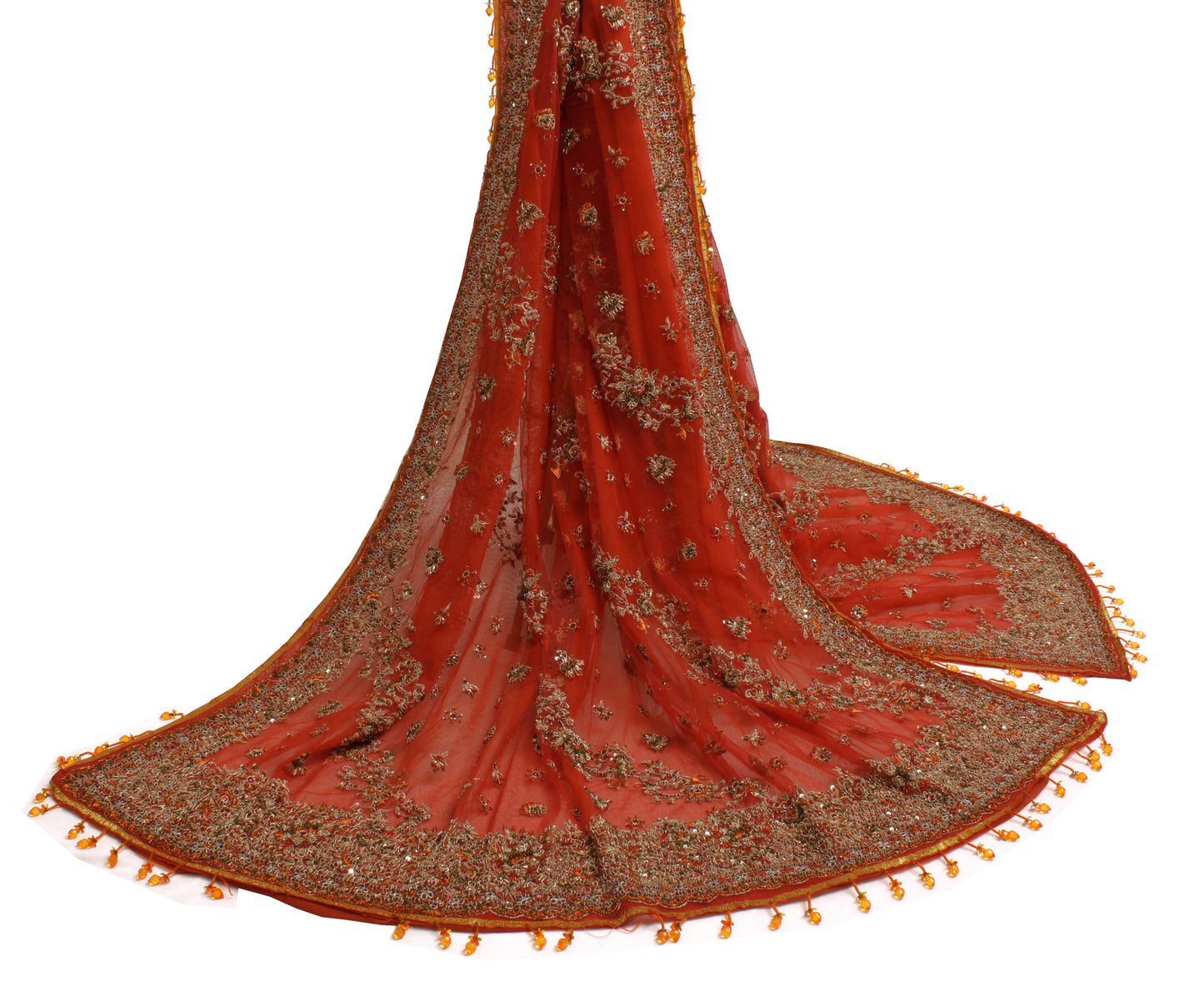 Sushila Vintage Orange Heavy Dupatta Net Mesh Hand Beaded Zardozi Long Stole