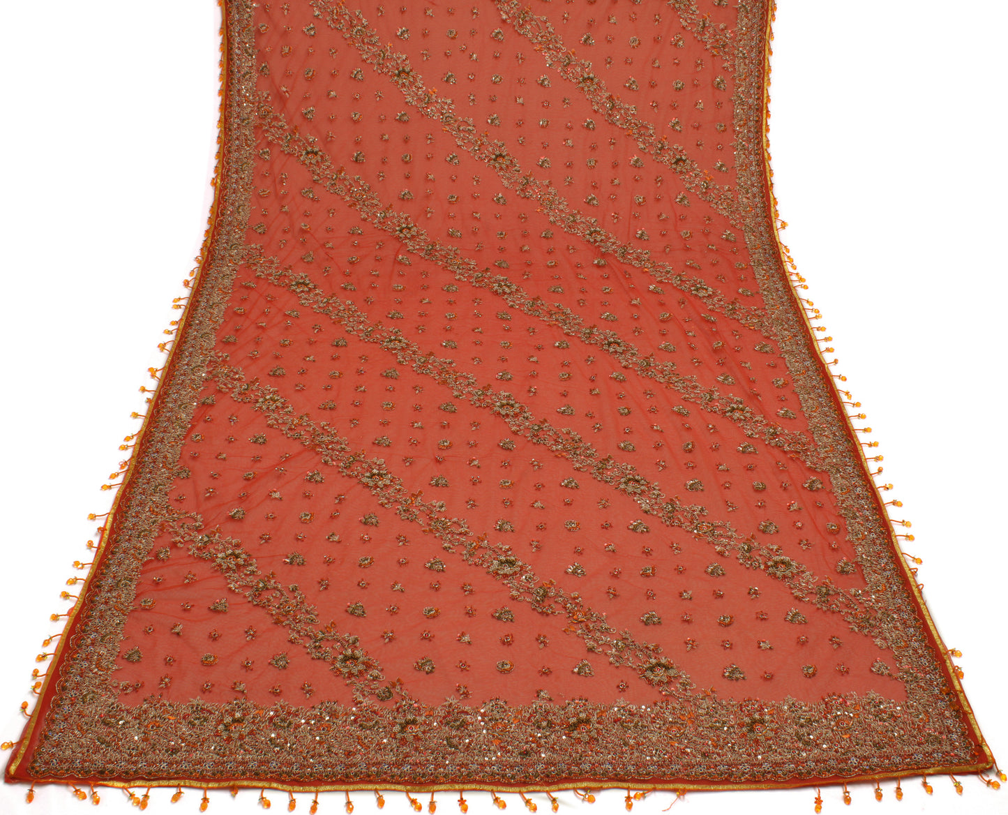 Sushila Vintage Orange Heavy Dupatta Net Mesh Hand Beaded Zardozi Long Stole