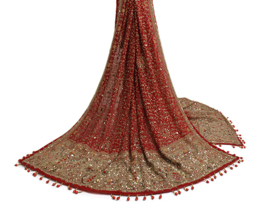 Sushila Vintage Red Heavy Dupatta Blend Georgette Hand Beaded Long Stole Scarves