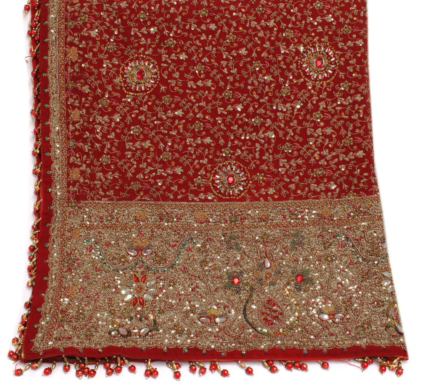 Sushila Vintage Red Heavy Dupatta Blend Georgette Hand Beaded Long Stole Scarves