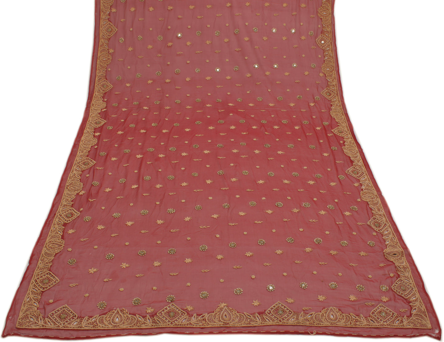 Sushila Vintage Red Dupatta Pure Chiffon Hand Beaded Zardozi Long Stole Scarves