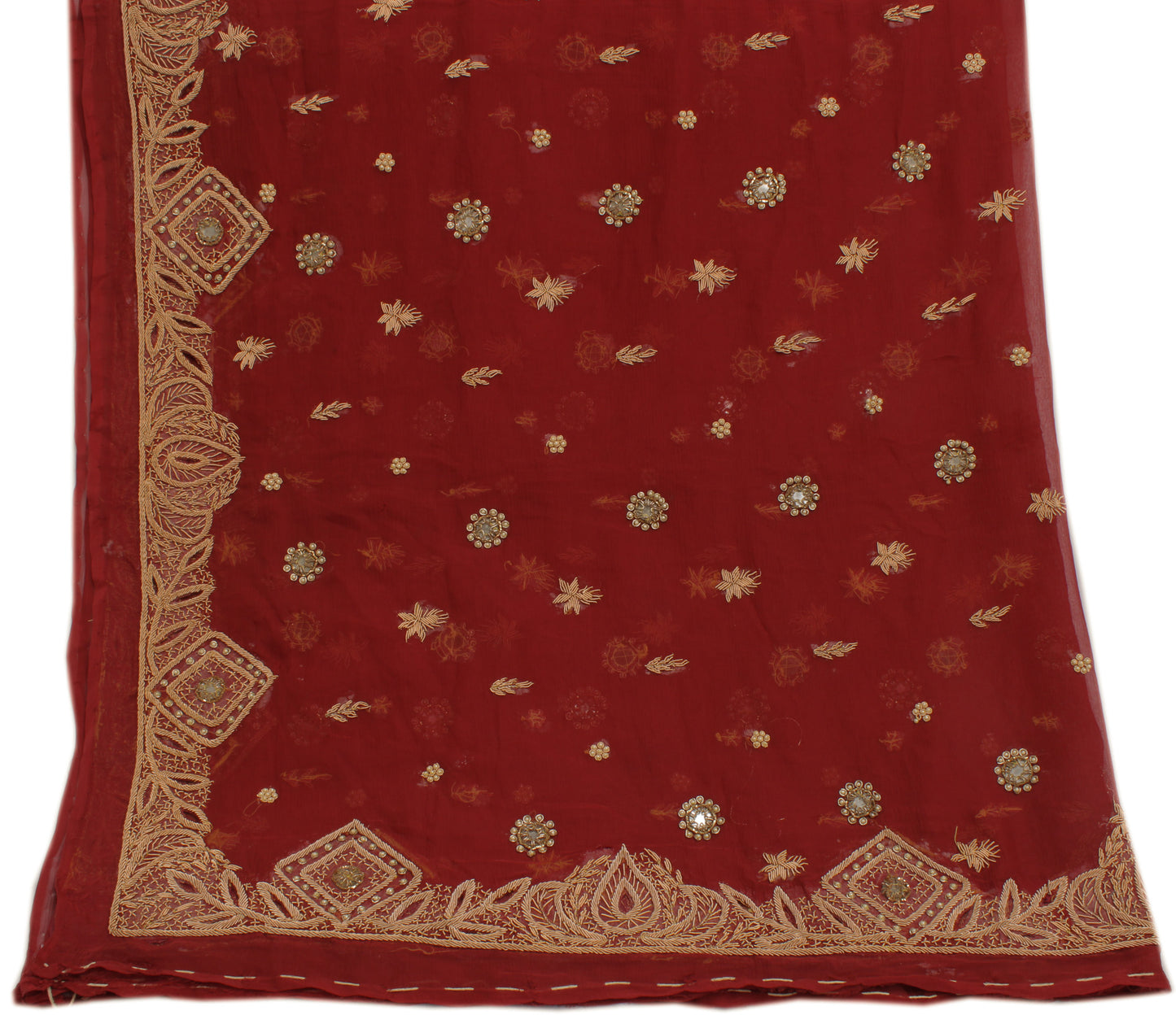 Sushila Vintage Red Dupatta Pure Chiffon Hand Beaded Zardozi Long Stole Scarves