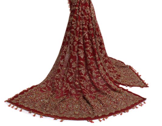 Sushila Vintage Red Heavy Dupatta Net Mesh Hand Beaded Long Stole Wrap Scarves