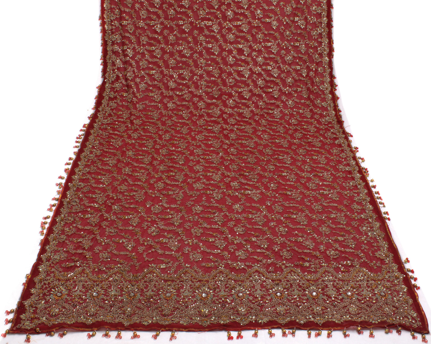 Sushila Vintage Red Heavy Dupatta Net Mesh Hand Beaded Long Stole Wrap Scarves