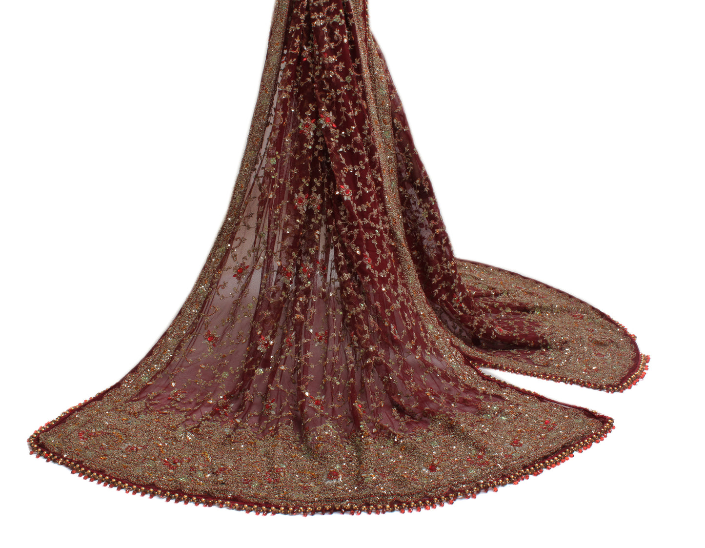 Sushila Vintage Maroon Heavy Dupatta Net Mesh Hand Beaded Long Stole Hijab