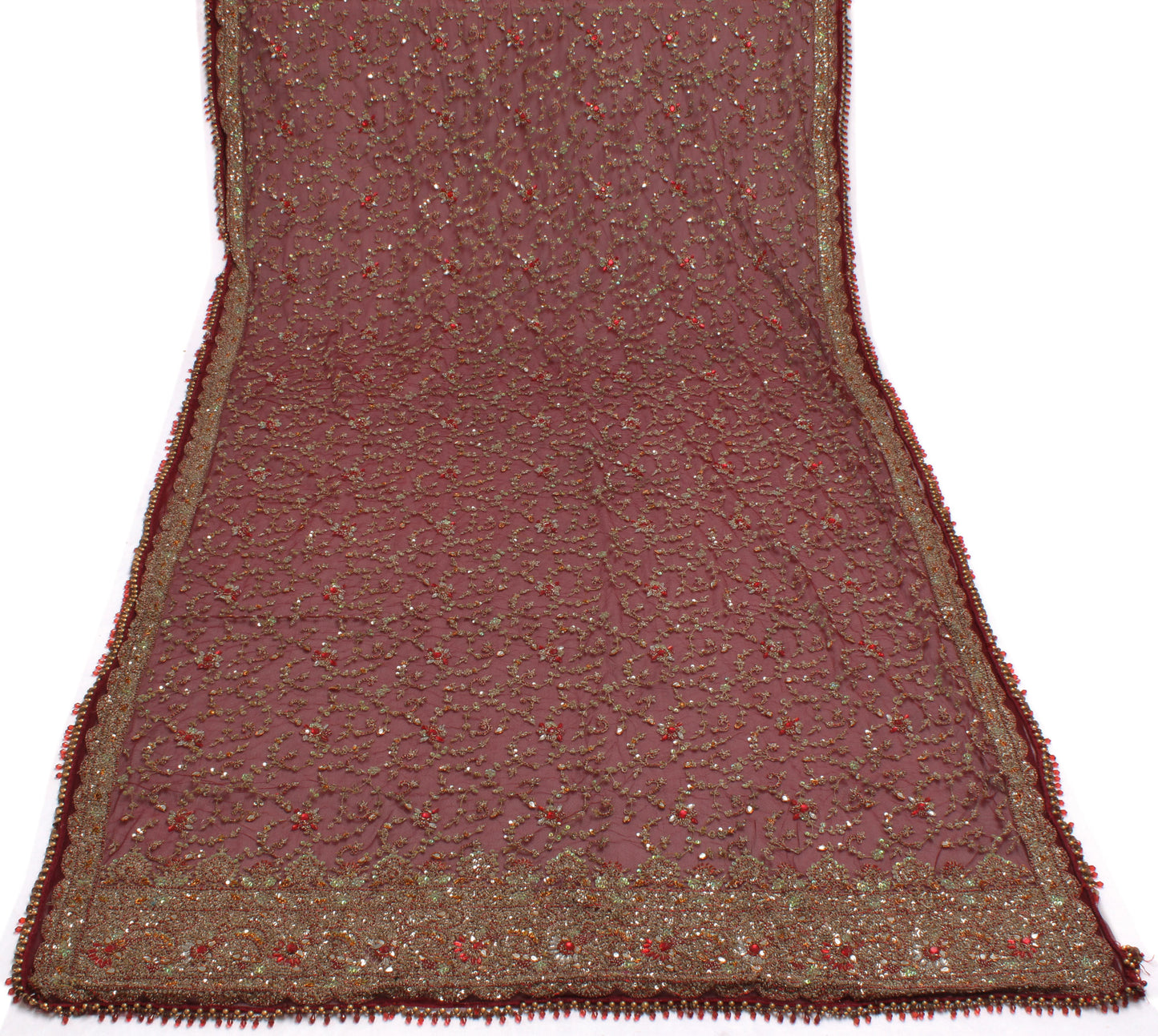 Sushila Vintage Maroon Heavy Dupatta Net Mesh Hand Beaded Long Stole Hijab