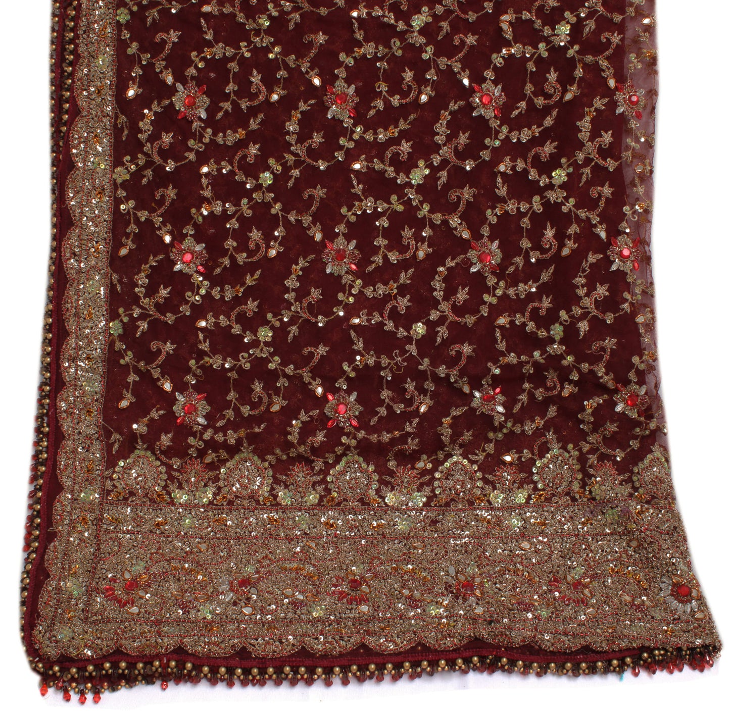 Sushila Vintage Maroon Heavy Dupatta Net Mesh Hand Beaded Long Stole Hijab