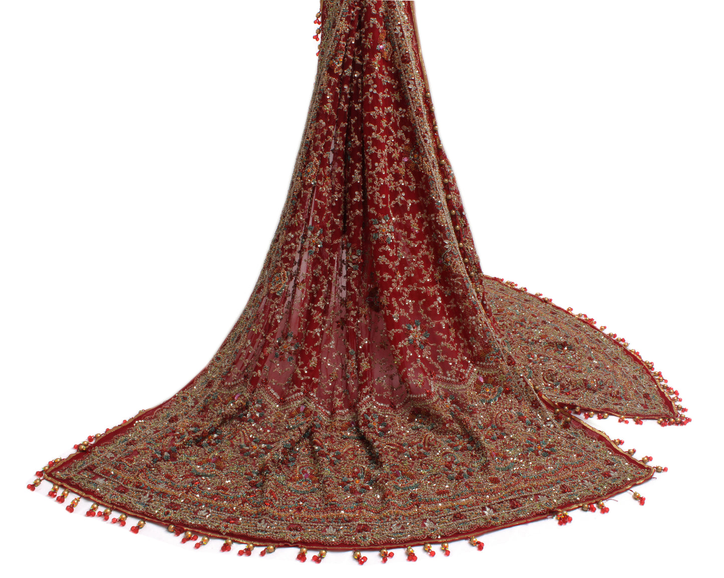 Sushila Vintage Red Heavy Dupatta Net Mesh Hand Beaded Zardozi Long Stole Veil