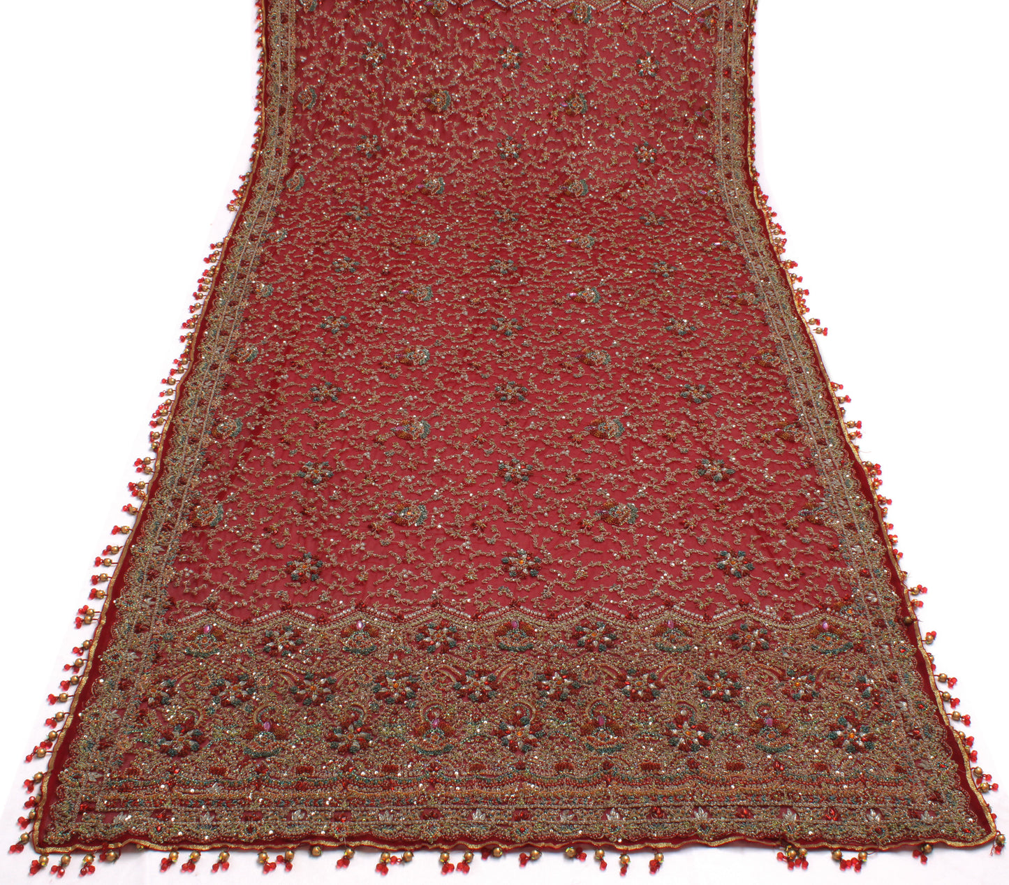 Sushila Vintage Red Heavy Dupatta Net Mesh Hand Beaded Zardozi Long Stole Veil