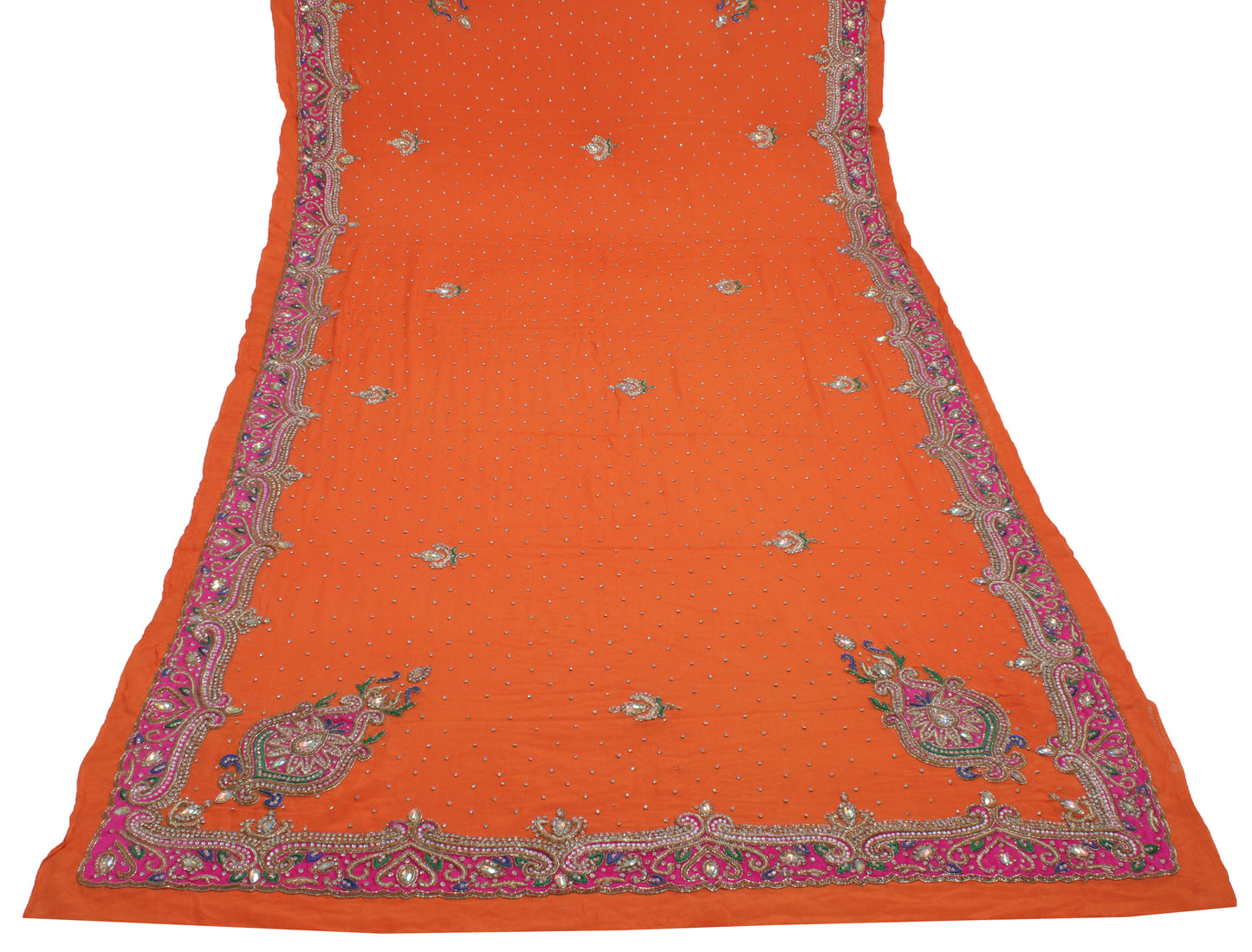 Sushila Vintage Orange Heavy Dupatta Pure Chiffon Silk Hand Beaded Long Stole