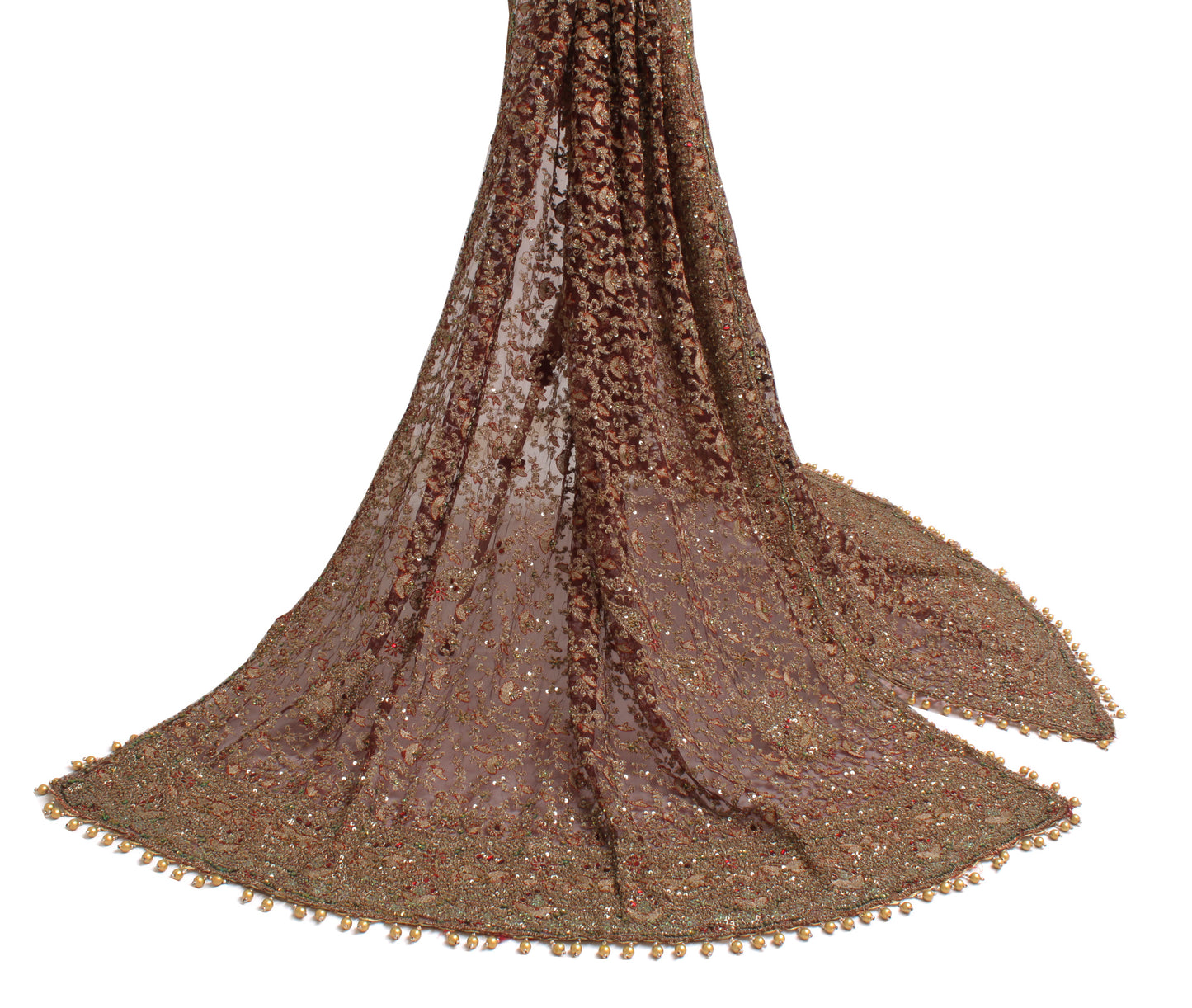 Sushila Vintage Maroon Hevy Dupatta Net Mesh Hand Beaded Zardozi Long Stole Veil