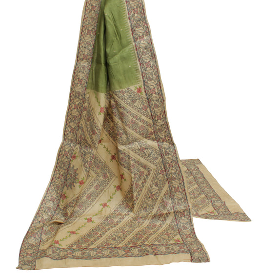 Sushila Vintage Green Indian Dupatta 100% Pure Silk Printed Long Stole Hijab