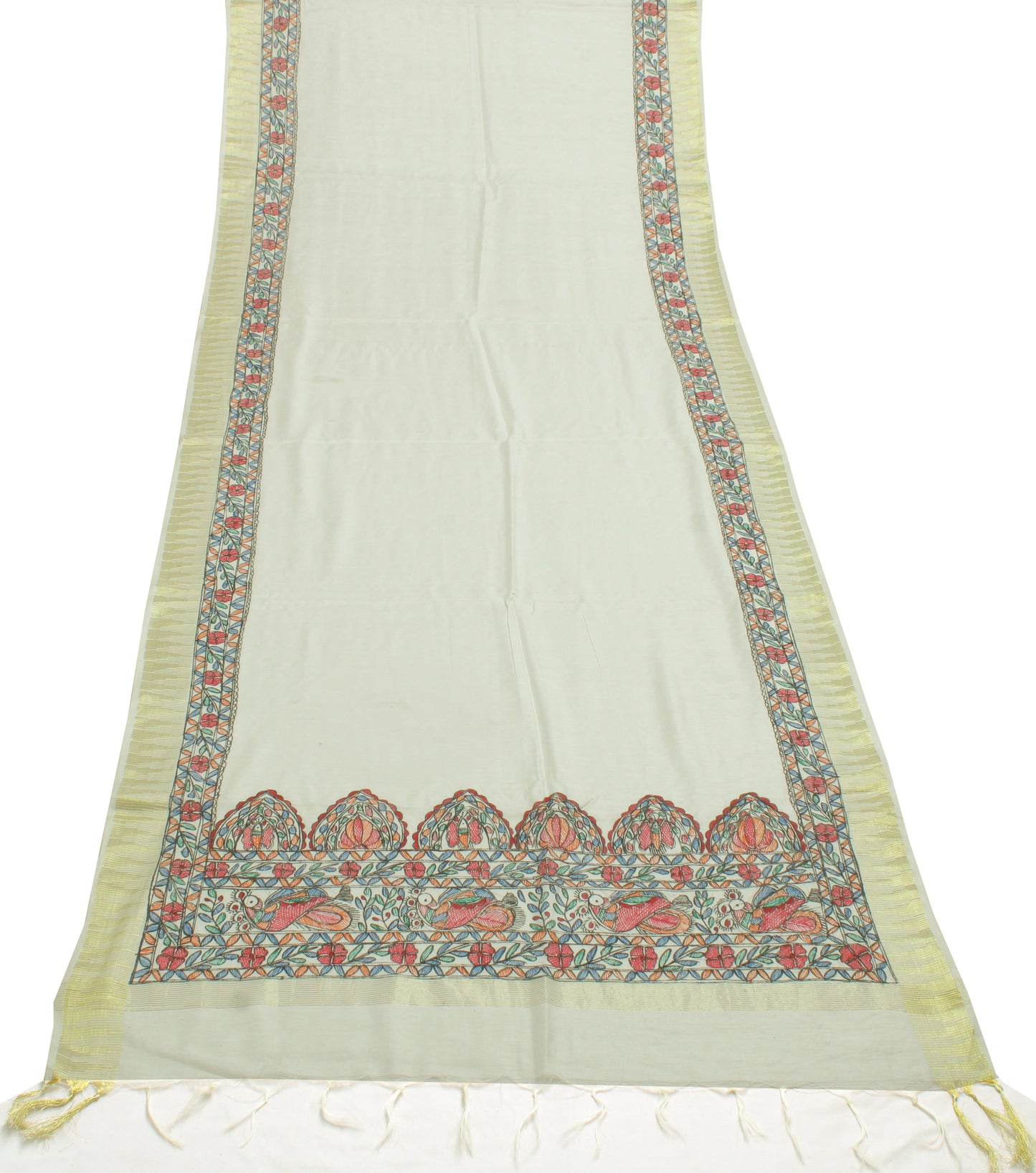 Sushila Vintage White Indian Dupatta Blend Cotton Printed & Woven Long Stole